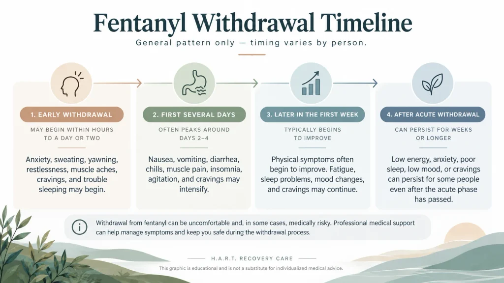 Fentanyl withdrawal timeline showing early symptoms, the first several days, later improvement, and symptoms that may continue after acute withdrawal.
