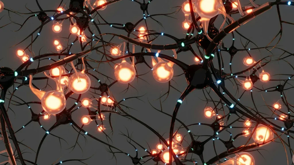 Illustration of brain neurons firing, representing how alcohol disrupts GABA, glutamate, and dopamine signaling the science of alcohol cravings. 